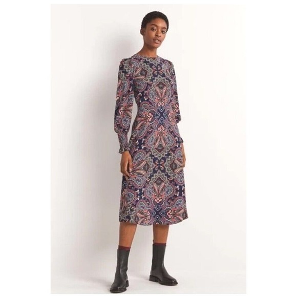 Boden Dresses & Skirts - Boden Botanic Paisley Print Smocked Cuff Midi Dress, Navy/Multi, Plus Size 22R